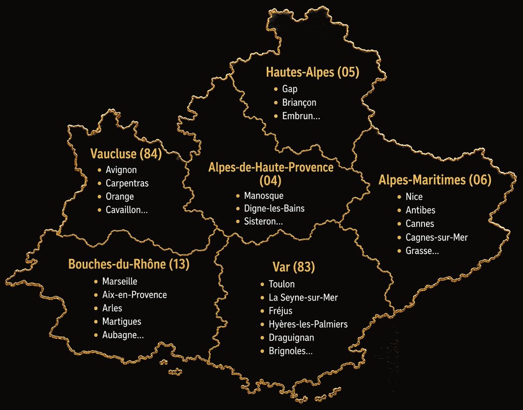 Carte de la région PACA : Vaucluse (84) — Avignon, Carpentras, Orange, Cavaillon ; Alpes-de-Haute-Provence (04) — Manosque, Digne-les-Bains, Sisteron ; Hautes-Alpes (05) — Gap, Briançon, Embrun ; Bouches-du-Rhône (13) — Marseille, Aix-en-Provence, Arles, Martigues, Aubagne ; Var (83) — Toulon, La Seyne-sur-Mer, Fréjus, Hyères-les-Palmiers, Draguignan, Brignoles ; Alpes-Maritimes (06) — Nice, Antibes, Cannes, Cagnes-sur-Mer, Grasse.